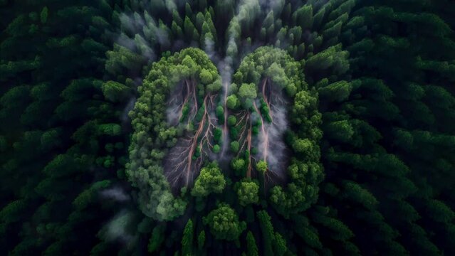 A forest in the shape of human lungs showing that we need a healthy planet to sustain life on Earth. A looping clip