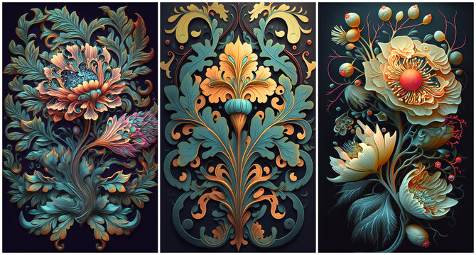 Teal and Gold Arts and Crafts movement style wallpaper panel patterns collection Generative AI