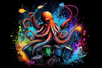 Generative AI illustration of a giant octopus playing the drums in a rock band, in a digital painting style with vibrant colors