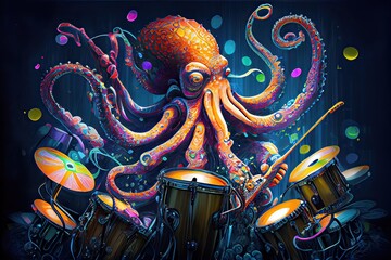 Generative AI illustration of a giant octopus playing the drums in a rock band, in a digital painting style with vibrant colors