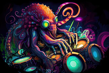 Generative AI illustration of a giant octopus playing the drums in a rock band, in a digital painting style with vibrant colors