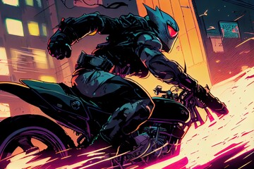 Generative AI illustration of a high-speed motorcycle chase through a neon-lit city, in a gritty comic book style