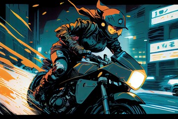 Generative AI illustration of a high-speed motorcycle chase through a neon-lit city, in a gritty comic book style