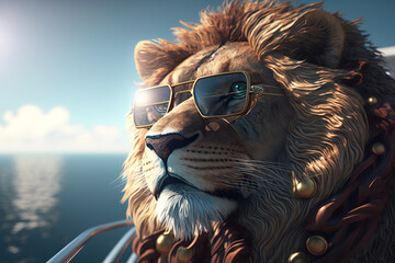 Lion resting on a yacht in sunglasses. Photorealistic image created by artificial intelligence.