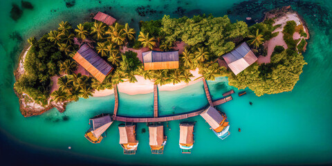 Obraz na płótnie Canvas paradise island with several wooden huts, tropical environment, Generative AI