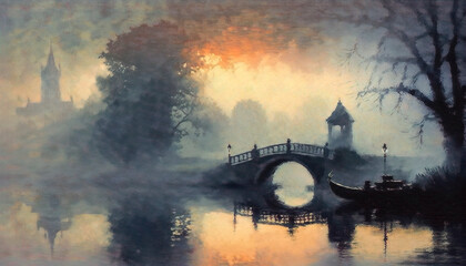 Morning mist over a boat on a river with a bridge and church spire in the distance  impressionist oil painting style landscape Generative AI - obrazy, fototapety, plakaty