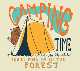 Great outdoor cute bear and camping print design for t-shirt. Wild camping. 