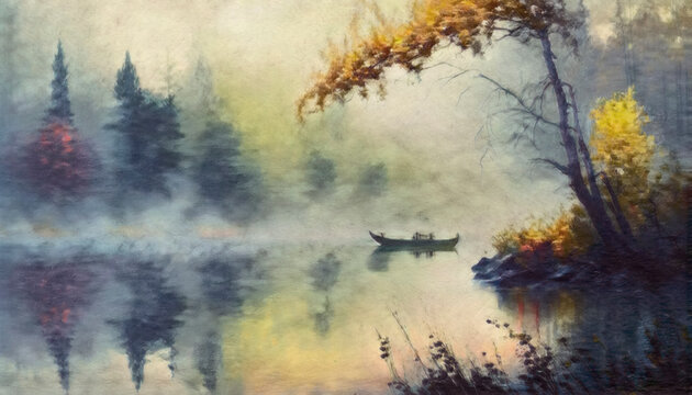 Morning mist over a boat on a tree lined lake  impressionist oil painting style landscape Generative AI