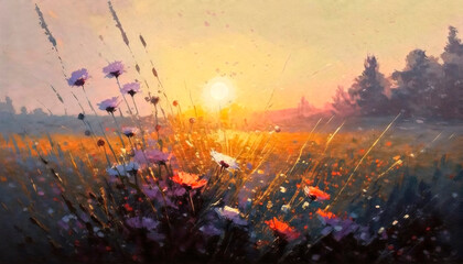 Golden sun over a wild flower meadow impressionist oil painting style Generative AI