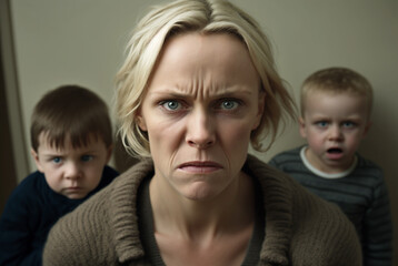 a mother is depressed or at the end of her strength, stress or problems with two children, Generative AI