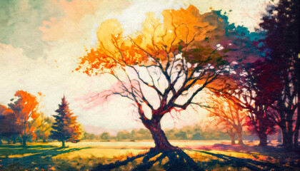 Fototapeta na wymiar Autumn sunset behind a tree in a park casting long shadows impressionist oil painting style Generative AI