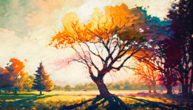 Autumn sunset behind a tree in a park casting long shadows impressionist oil painting style Generative AI