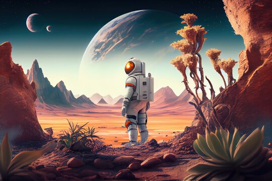Generative AI illustration of extraterrestrial exploration, an alien landscape with floating rocks and plants