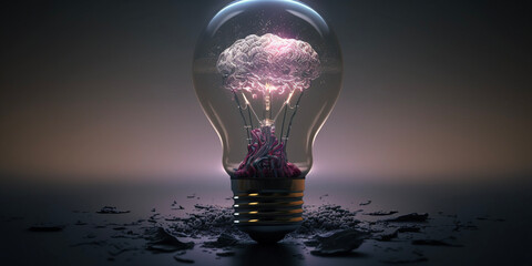Light bulb, Brain, Brainstorm, Illustration. Generative AI.