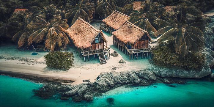 paradise island with several wooden huts, tropical environment, travel concept, Generative AI © João Macedo