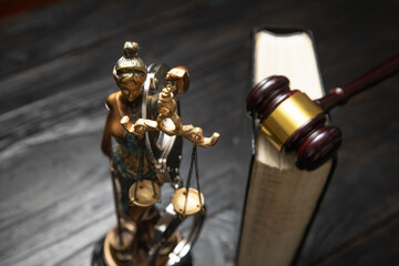  Statue of Lady Justice, book and gavel.