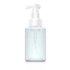 Transparent square bottle with blue liquid. Pump for foam soap isolated on white background. Clear plastic flacon mockup template. Packaging mock up. Realistic 3d vector foam soap dispenser. 450 ml