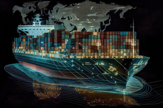 container ship with world map digital network, shipping import export transportation, industry concept, Generative AI