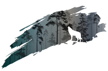 a fragment of the background with a forest and a wolf for your design. Vector illustration	 - 572712048