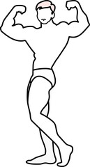 Bodybuilder pose. stock illustration. Black outline. Front view