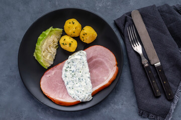 Bacon with boiled cabbage and potatoes. Traditional Irish dish.