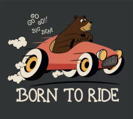 Zelfklevend Fotobehang character illustration of a racer bear driving a race car to print a t-shirt © basws