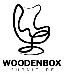 Modern minimalist logo vector design. Furniture store wooden box. Comfortable armchair drawn with one line.