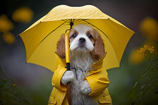 cute dog in the rain wearing a yellow raincoat, holding a yellow umbrella, illustration made by generative ai