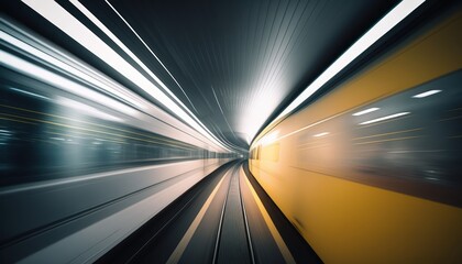 Fast moving train blur in tunnel, generative ai