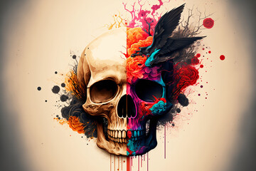 Generated AI of fantasy graphic design art of skull of colorful wings with flowers and explosions with dry trees against beige background