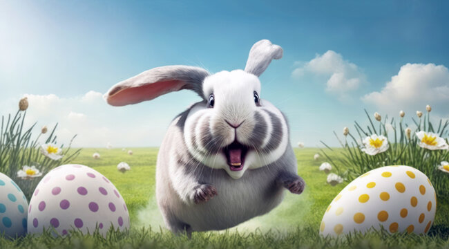 Happy Easter bunny and Easter eggs jumbing in Spring field, blue sky. Generative AI