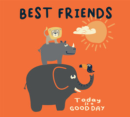 vector lion and elephant and rhino comic illustration for kids print