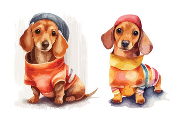 cute dachshund dog is wearing a hotdog costume funny watercolor vector illustration set