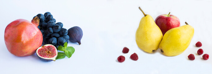 Fruit and berry on the white background. Copy space. Banner.