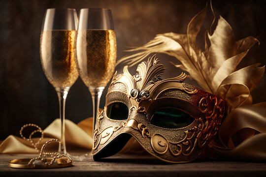 elegant venetian mask and glasses of champagne over gold silk background, Generative Ai