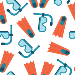 Seamless pattern mask and fins for swimming in a flat style, highlighted on a white background. Diving accessories. Vector illustration