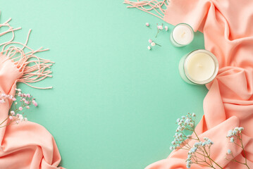 Hello spring concept. Top view photo of candles gypsophila flowers and pink plaid on isolated teal...