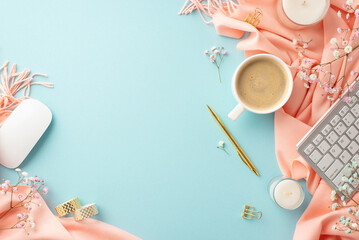 Hello spring concept. Top view photo of keyboard computer mouse cup of coffee candles pen binder clips adhesive tape gypsophila flowers and pink scarf on isolated pastel blue background with copyspace