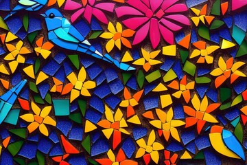 Flowers nature bird mosaic abstraction background, Generative AI