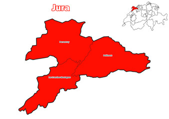 Karte des Kanton aaaaaaa mit Bezirksnamen und Standort auf der Karte der Schweiz