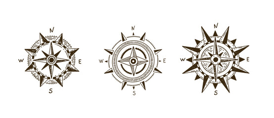 Compass Wind rose, set hand drawn Illustration.	
