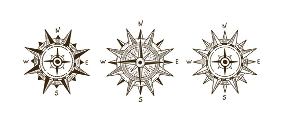Compass Wind rose, set hand drawn Illustration.	
