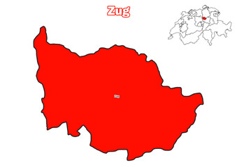 Fototapeta premium Karte des Kanton Zug mit Bezirksnamen und Standort auf der Karte der Schweiz