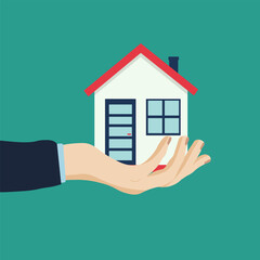 Fototapeta na wymiar Hand holding house on mint background. Vector illustration. House for sale