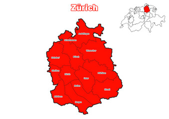 Karte des Kanton Zürich mit Bezirksnamen und Standort auf der Karte der Schweiz