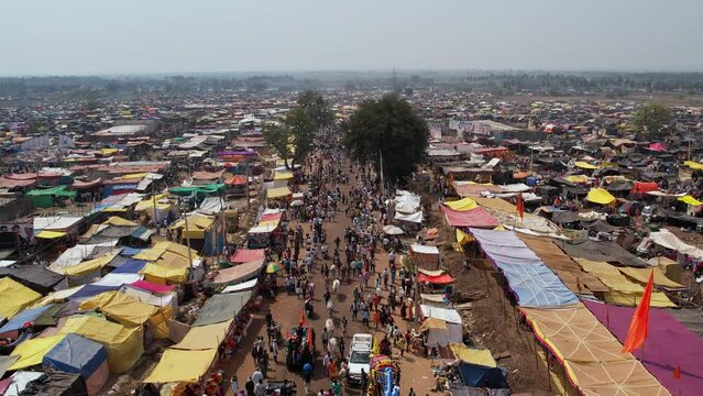 An aerial view shows huge crowds of people gathering during the Hindu religious festival to celebrate