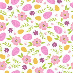 Seamless pattern with branches, flowers and easter eggs on white background. Template for greeting card, invitation, poster, print