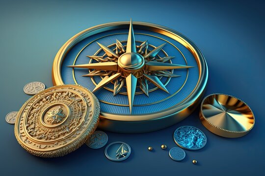 Compass and gold coins on blue background, digital illustration, Generative AI	
