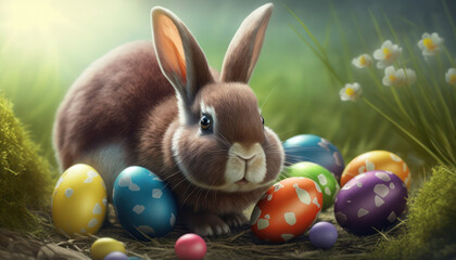 Fototapeta na wymiar Easter bunny with easter eggs, generative ai
