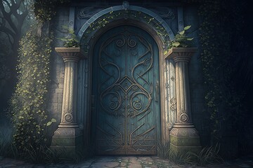 Fototapeta na wymiar Magic door, door to fantasy dimension, branch and leaf door, digital illustration, Generative AI 